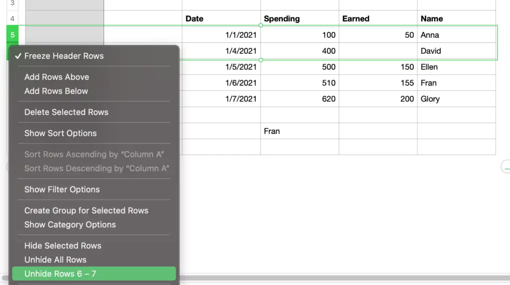 trouble unhiding rows numbers for mac bug